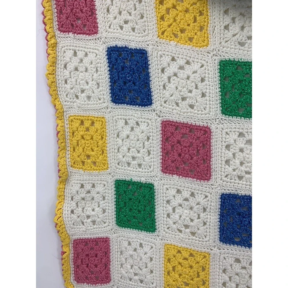 Vintage Handmade Crochet Baby Blanket Afghan Granny Square 44